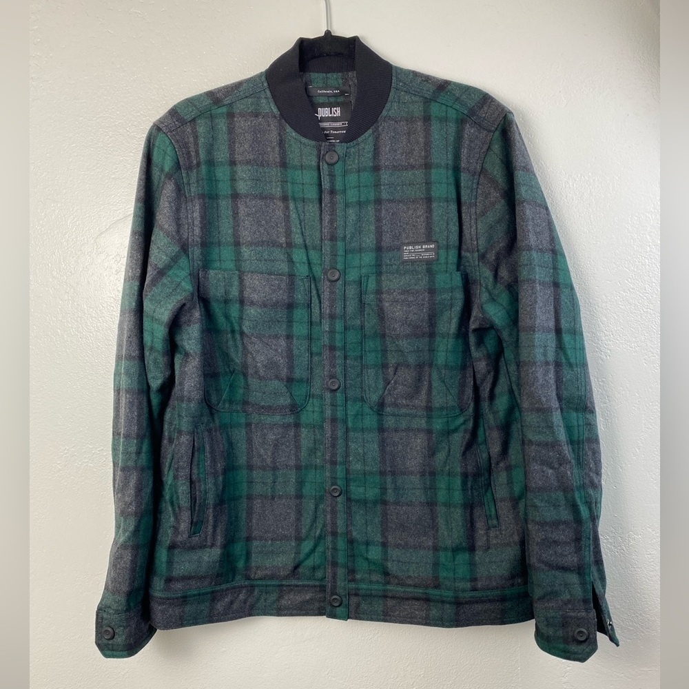 Publish Brand Wool Green Gray Snap Closure Varsity Bomber Pocket Jacket Medium